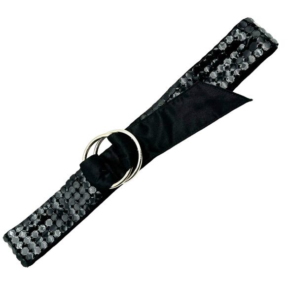 SHIH‎ SHIH Stephanie Lin Black Satin Sequin Silver Metal O-ring Tie Belt 40" y2k - Picture 1 of 6